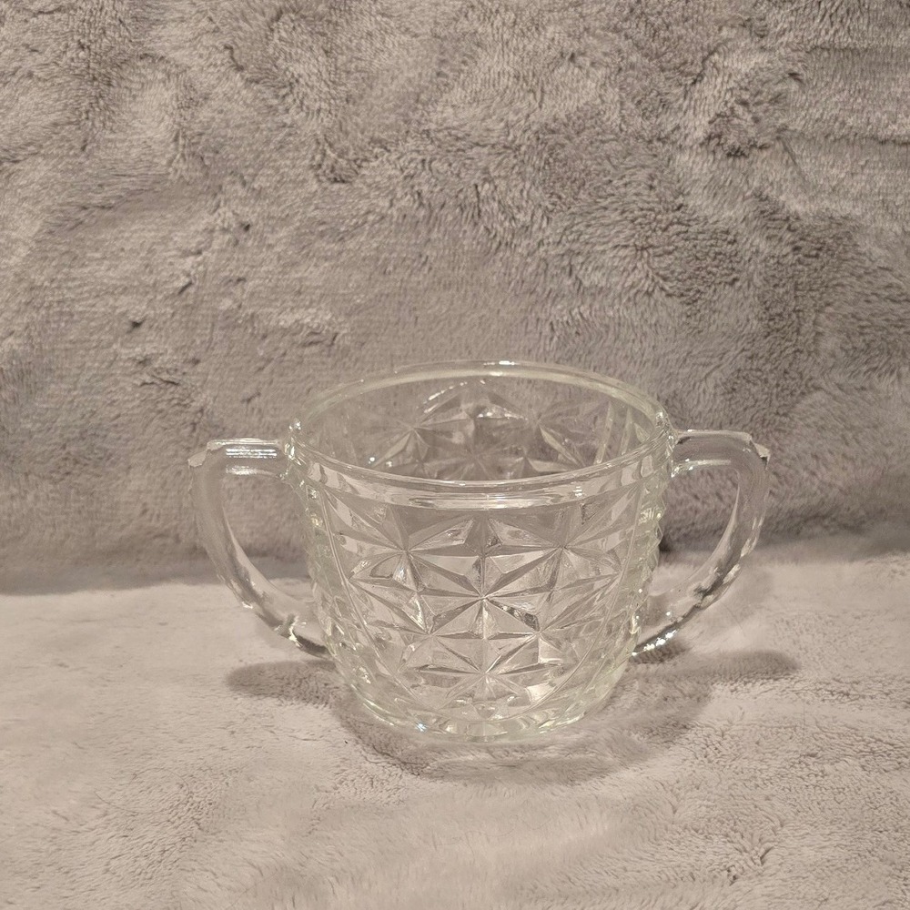 Vtg Clear Pressed Glass Double Handled Open Sugar Bowl Starburst Pattern 2.75"